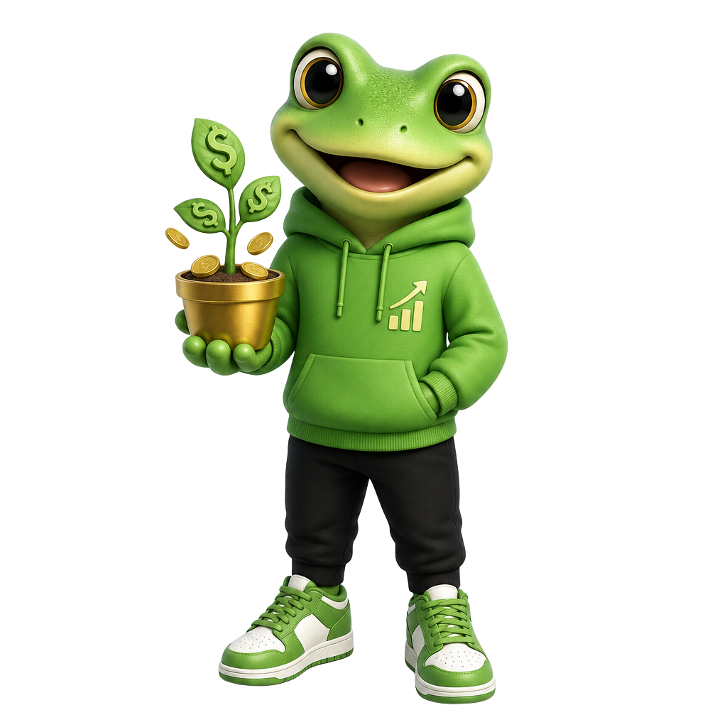 Cash, o mascote do GoalCash, segurando uma planta de moedas douradas